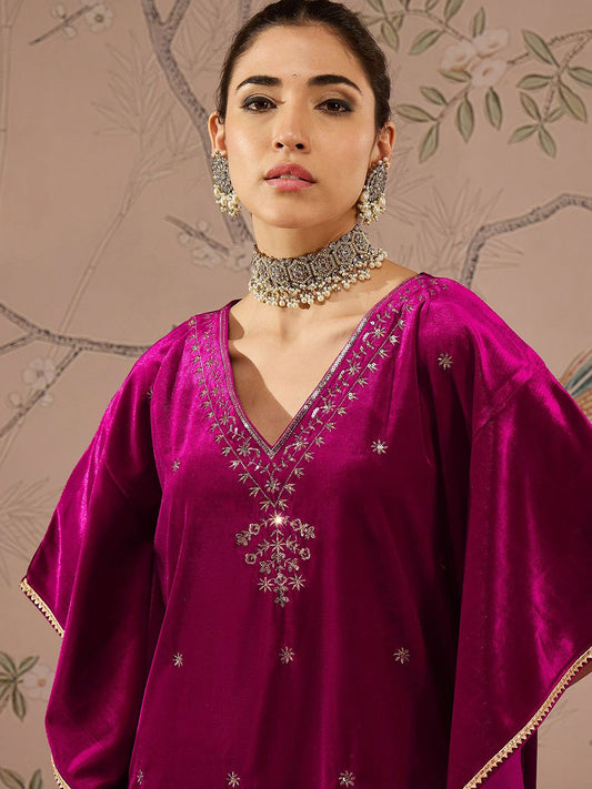 Floral Embroidered V-Neck Three-Quarter Sleeves Kaftan Velvet Kurta