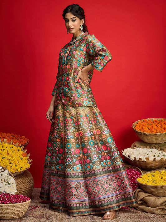 Floral Printed Blazer Top With Anarkali Skirt