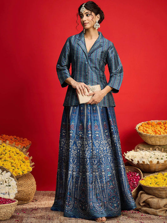 Floral Printed Blazer Top With Anarkali Skirt