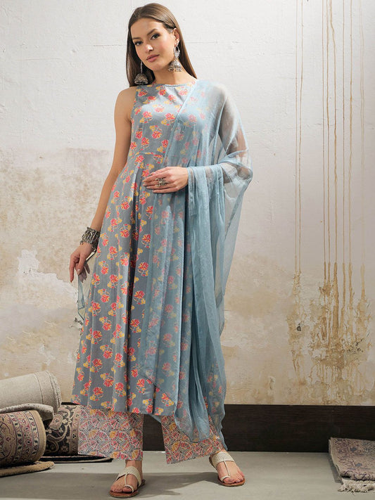 Floral Printed Boat Neck Pure Cotton Kurta With Palazzos & Dupatta