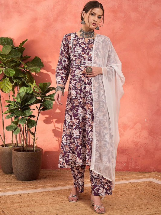 Floral Printed Cambric Cotton Straight Kurta With Palazzos & Dupatta