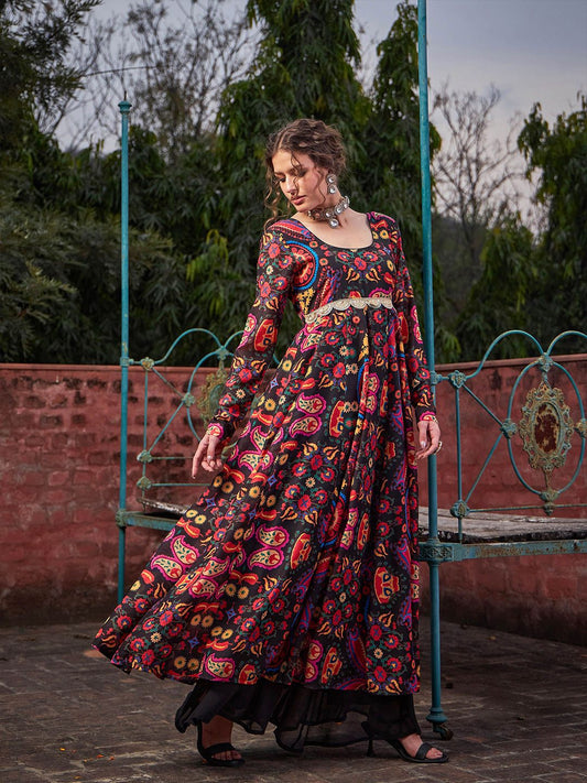Floral Printed Empire Sequinned Anarkali Kurta
