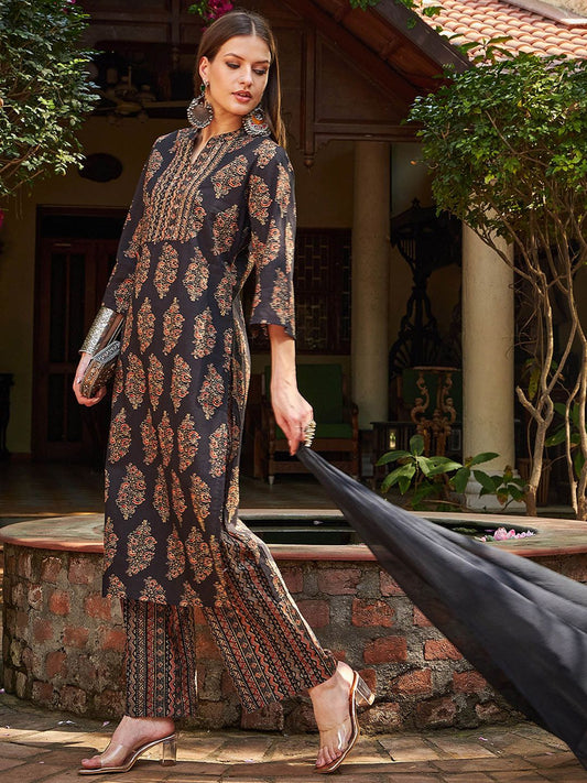 Floral Printed Mandarin Collar Pure Cotton Kurta With Palazzos & Dupatta