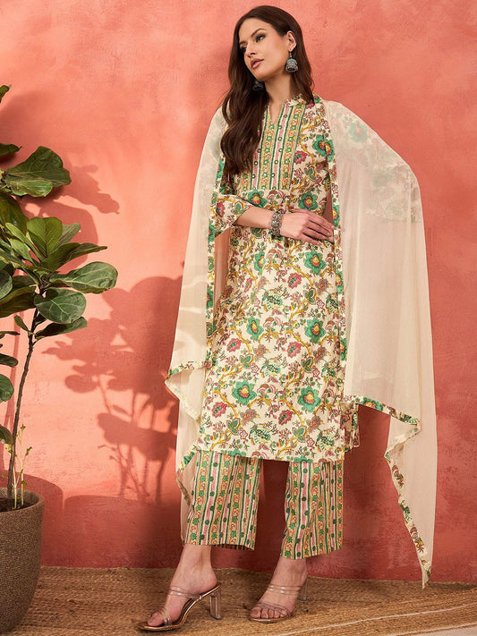 Floral printed mandarin collar pure cotton kurta with trousers and dupatta for women, view 3