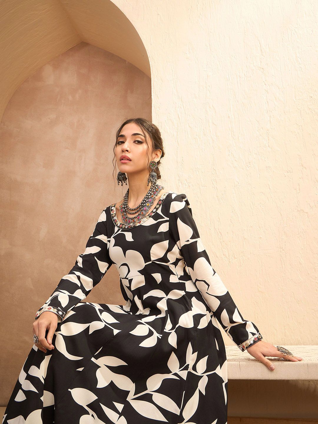 Floral Printed Mirror Work Anarkali Kurta with Trousers