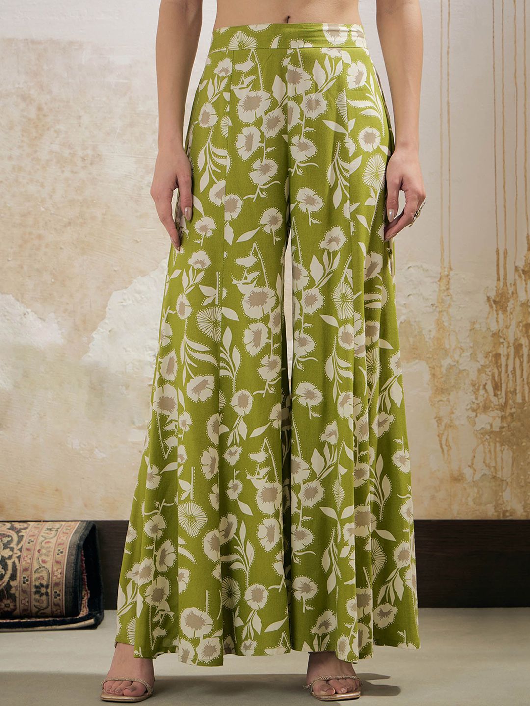 Floral Printed Mirror Work V Neck Shirt & Palazzos