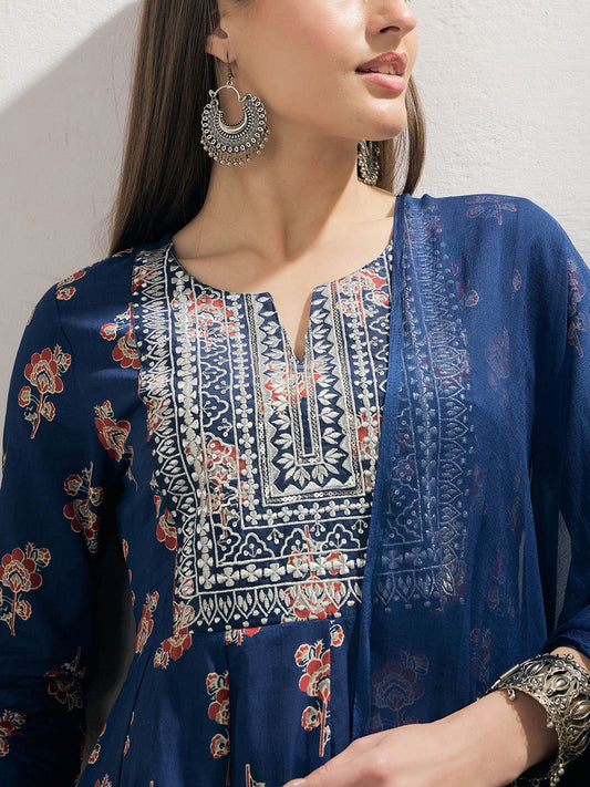 Floral Printed Notch Neck Pure Cotton Kurta With Trousers & Dupatta