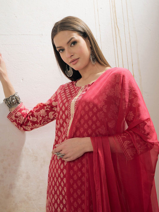 Floral Printed Panelled Mirror Work Pure Cotton Kurta Trousers & Dupatta