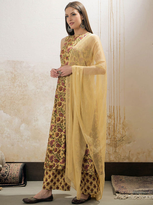 Floral Printed Pure Cotton A-Line Kurta With Palazzos & Dupatta