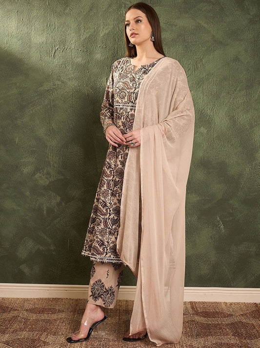 Floral Printed Pure Cotton Kurta With Trousers & Dupatta