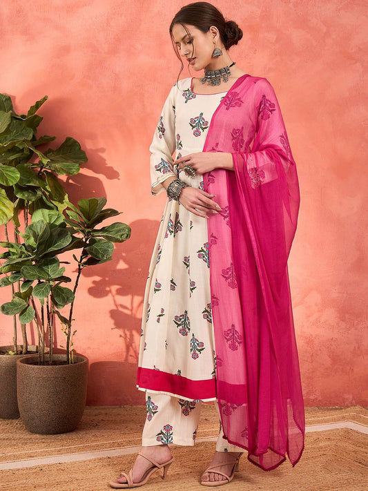 Floral Printed Round Neck Anarkali Kurta With Palazzos & Dupatta