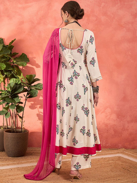 Floral Printed Round Neck Anarkali Kurta With Palazzos & Dupatta