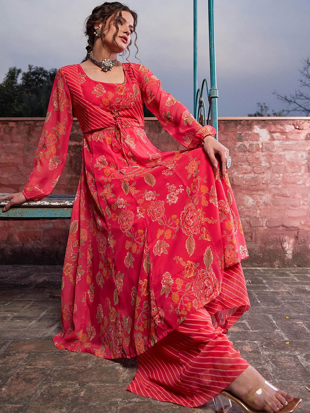 Floral Printed Round Neck Georgette Anarkali Kurta With Palazzos