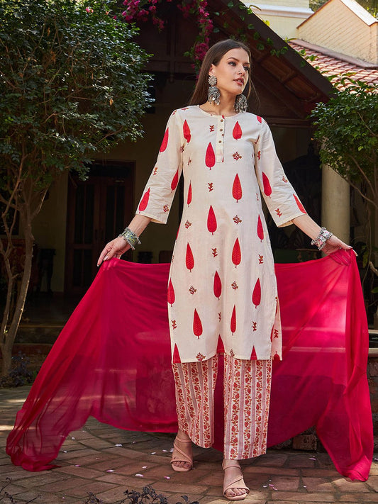 Floral Printed Round Neck Pure Cotton Kurta With Palazzos & Dupatta