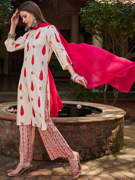 Floral Printed Round Neck Pure Cotton Kurta With Palazzos & Dupatta