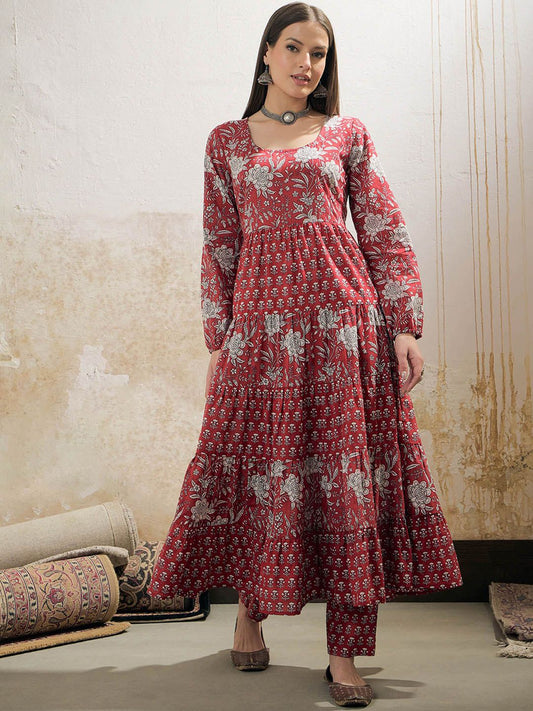 Floral Printed Round Neck Tiered Anarkali Pure Cotton Kurta With Trouser