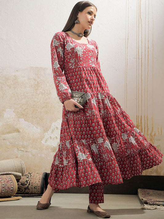 Floral Printed Round Neck Tiered Anarkali Pure Cotton Kurta With Trouser