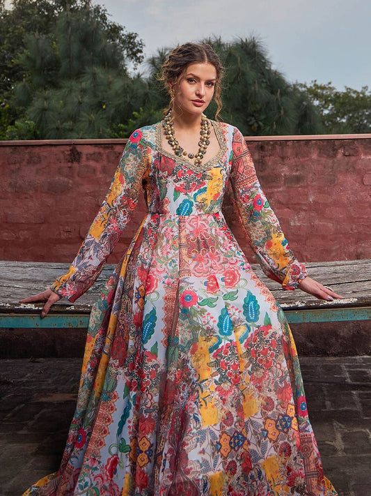 Floral Printed Sweetheart Neck Empire Georgette Anarkali Kurta