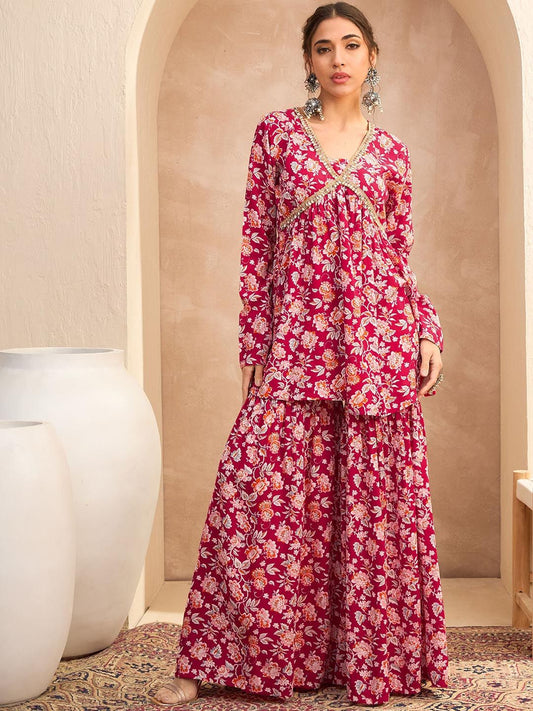 Floral Printed Thread Work Anarkali Kurta with Sharara