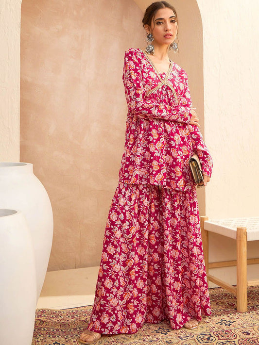 Floral Printed Thread Work Anarkali Kurta with Sharara