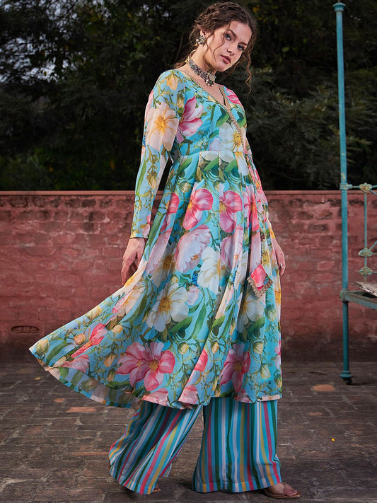 Floral Printed Thread Work Angrakha Georgette Kurta With Palazzos