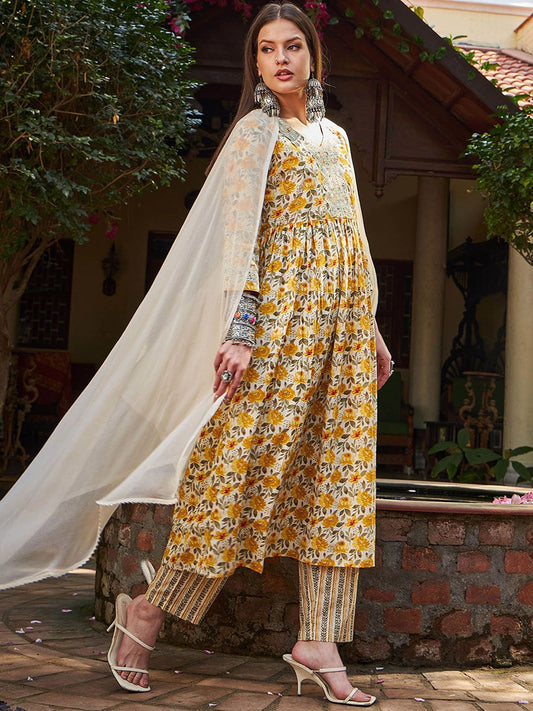 Floral Printed Thread Work Pure Cotton Kurta With Trousers & Dupatta