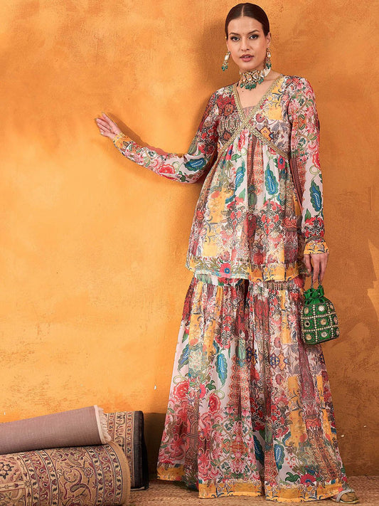 Floral Printed V-Neck Empire A-Line Kurti With Sharara