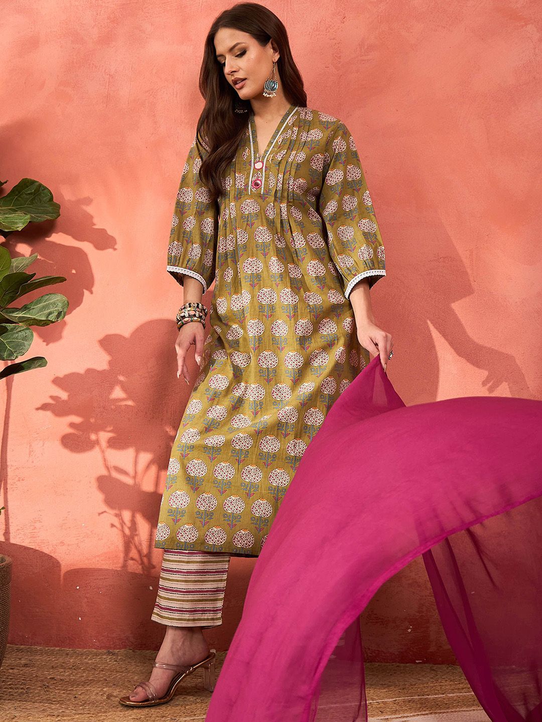 Floral Printed V-Neck Pleated Pure Cotton Kurta With Trousers & Dupatta