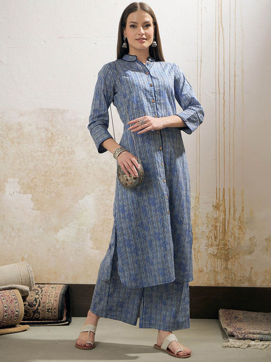Striped Mandarin Collar Cambric Cotton Straight Kurta With Palazzo