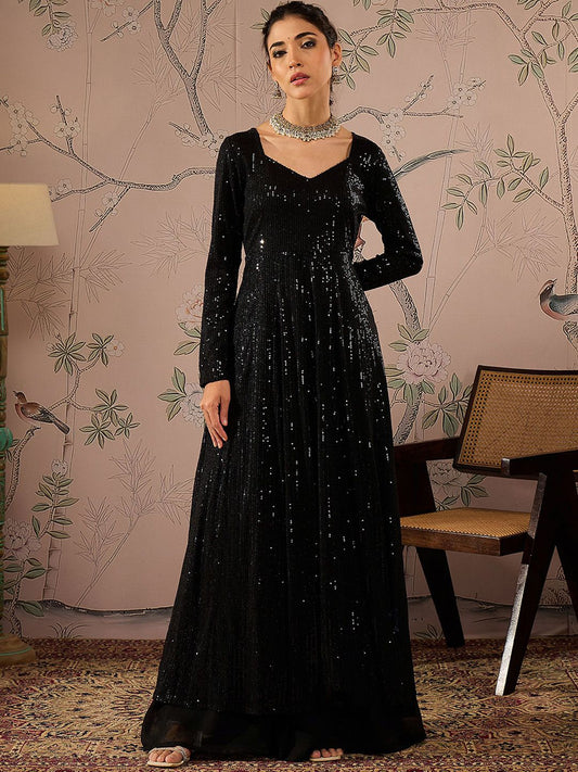 Striped Round Neck Long Sleeves Regular Sequinned Anarkali Kurta