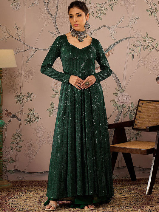 Striped Round Neck Long Sleeves Regular Sequinned Anarkali Kurta