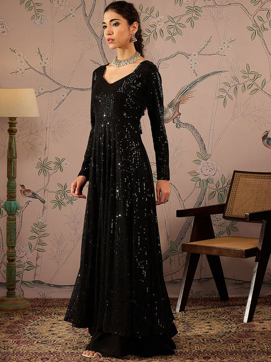 Striped Round Neck Long Sleeves Regular Sequinned Anarkali Kurta