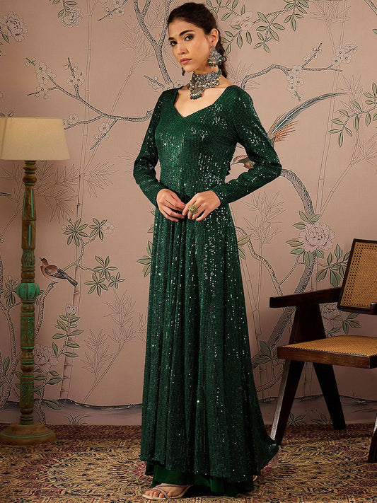 Striped Round Neck Long Sleeves Regular Sequinned Anarkali Kurta