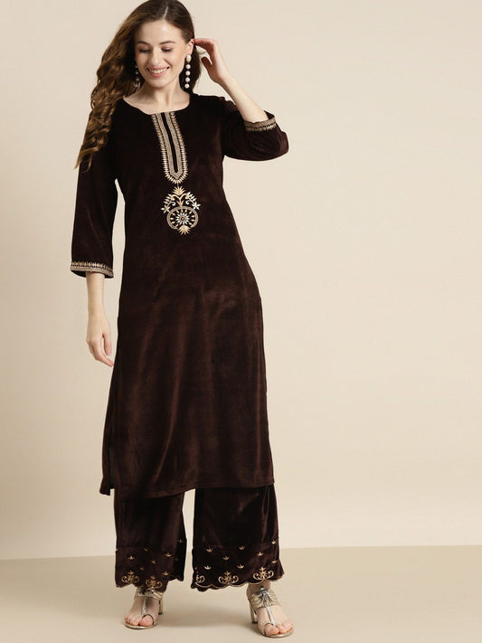 Women Brown & Gold-Toned Ethnic Motifs Embroidered Velvet Kurta