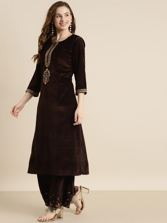 Women Brown & Gold-Toned Ethnic Motifs Embroidered Velvet Kurta