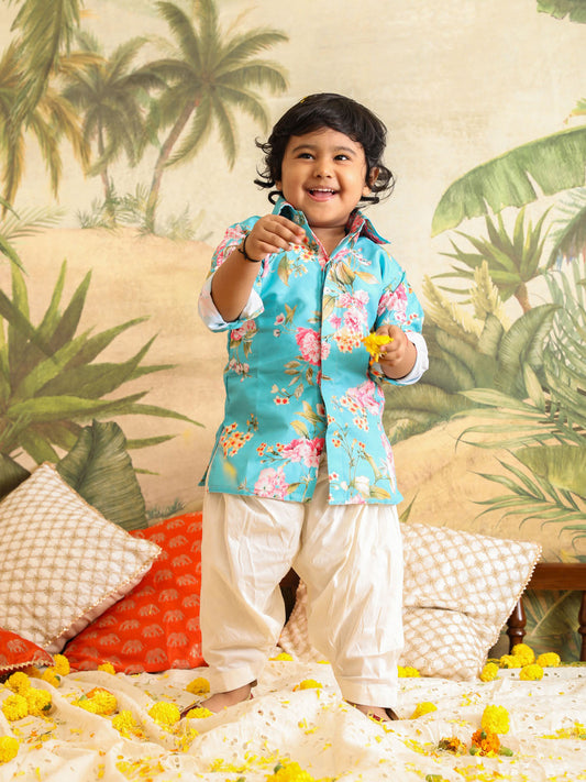 Sishu Boy's Aqua Floral Printed Kurta Patiala Set