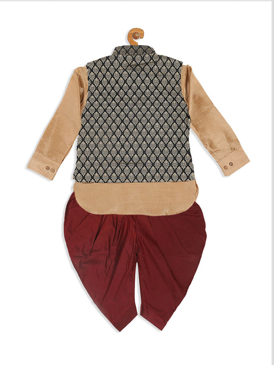 Sishu Boy's Black Woven Design Slim Fit Nehru Jacket And Rose Gold Kurta With Maroon Dhoti Set