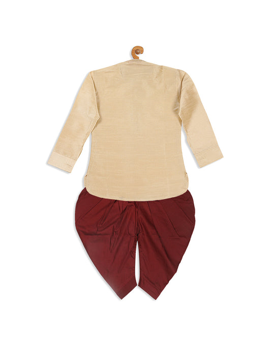 Sishu Boy's Gold Kurta And Maroon Cowl Dhoti Set
