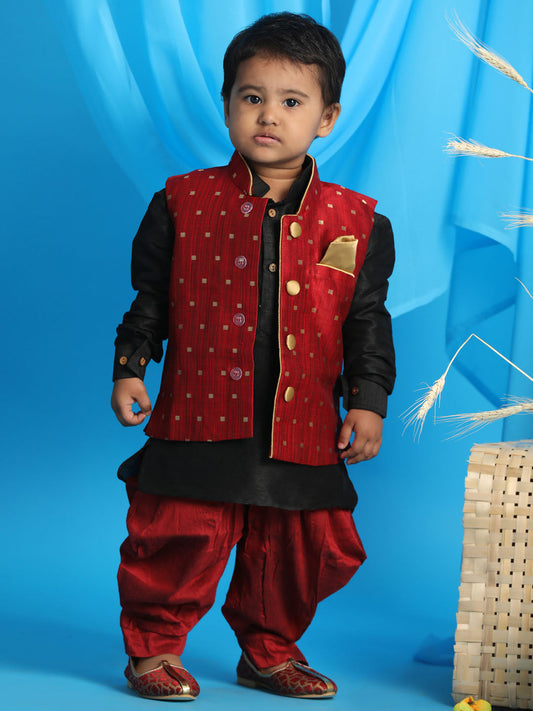Sishu Boy's Maroon Booti Woven Design Slim Fit Nehru Jacket And Black Kurta With Maroon Dhoti Set