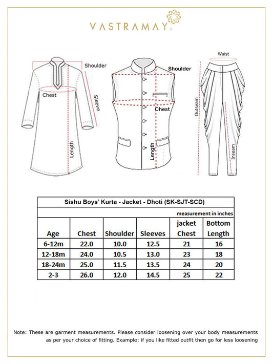 Sishu Boy's Maroon Booti Woven Design Slim Fit Nehru Jacket And Black Kurta With Maroon Dhoti Set