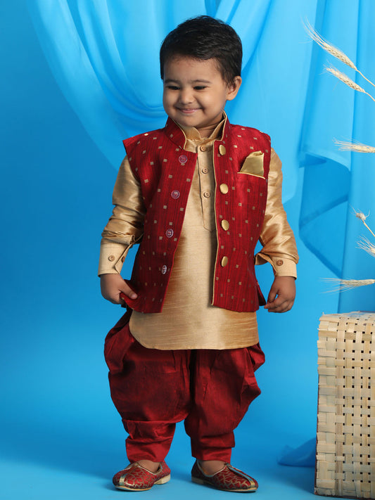 Sishu Boy's Maroon Booti Woven Design Slim Fit Nehru Jacket And Rose Gold Kurta With Maroon Dhoti Set