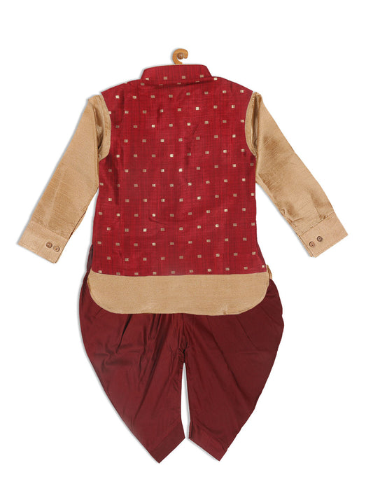 Sishu Boy's Maroon Booti Woven Design Slim Fit Nehru Jacket And Rose Gold Kurta With Maroon Dhoti Set