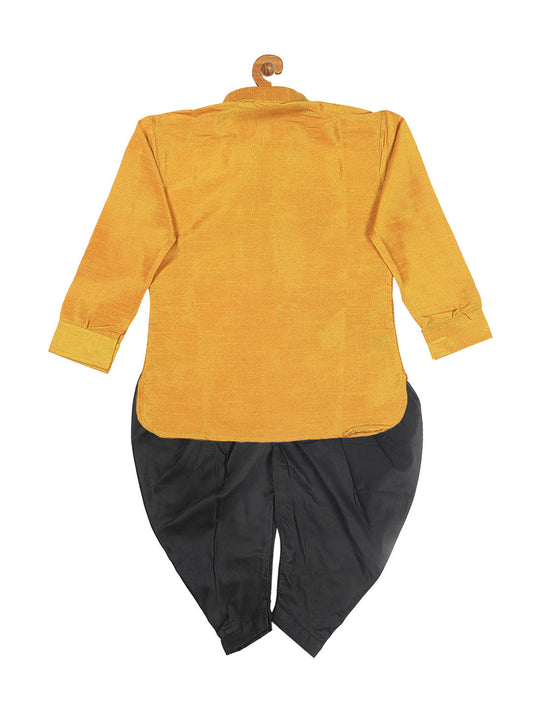 Sishu Boy's Mustard Kurta And Black Cowl Dhoti Set