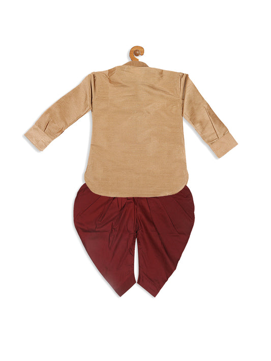 Boys' rose gold and maroon kurta with dhoti pant set, view 3