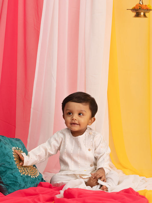 Sishu Boy's White Embellished Angrakha Kurta Dhoti Set