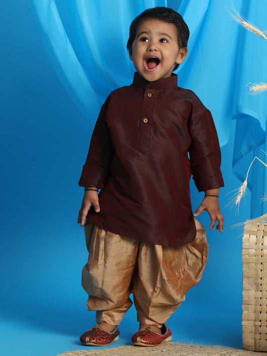 Sishu Boy's Wine Color & Rose Gold Kurta With Dhoti Pant Set