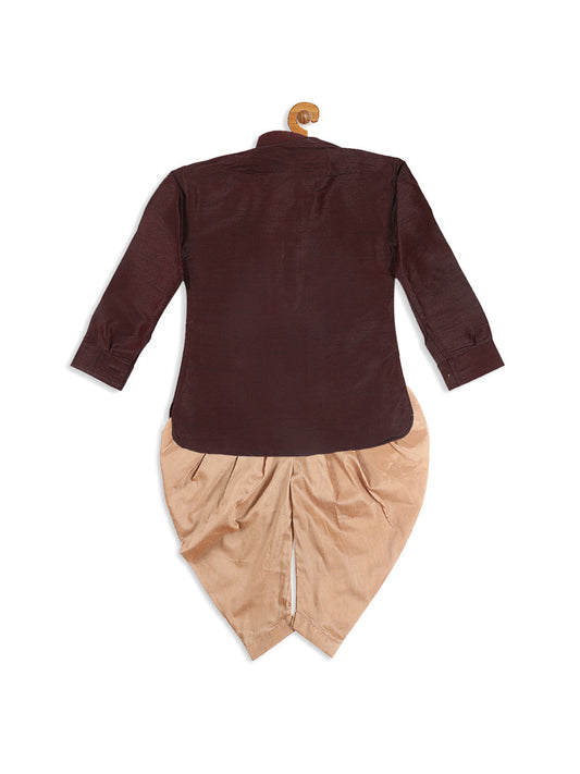 Sishu Boy's Wine Color & Rose Gold Kurta With Dhoti Pant Set
