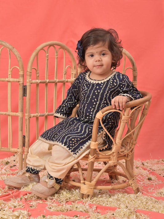 Sishu Girl's Navy Blue Bandhni Print Kurta And Patiala Set
