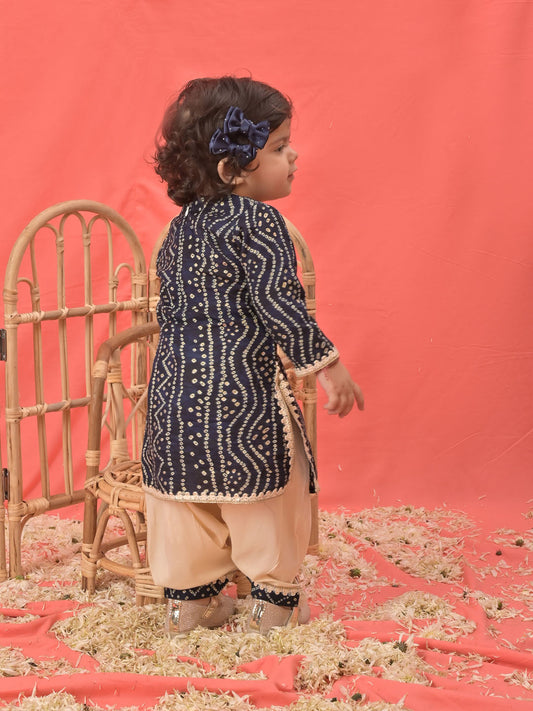 Sishu Girl's Navy Blue Bandhni Print Kurta And Patiala Set
