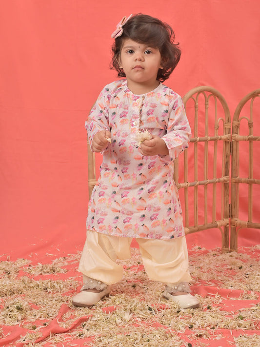 Sishu Girl's' White Floral Printed Linen Kurta And Cream Patiala Set